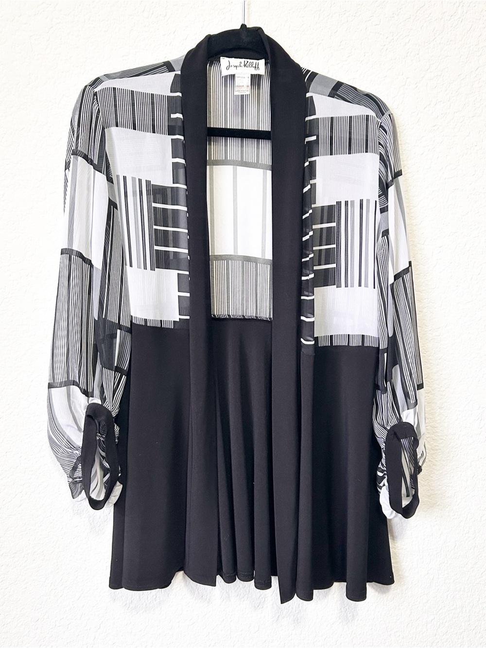 Joseph Ribkoff Black & White Open Front Sheer Geometric Cardigan - Sz 6